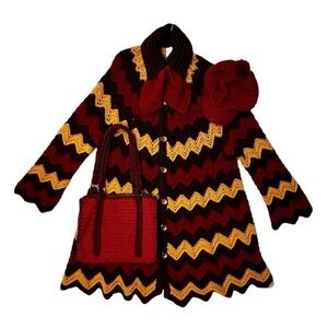 70s Zig Zag Handmade Crochet Vintage Duster, Purse, Hat & Scarf Set